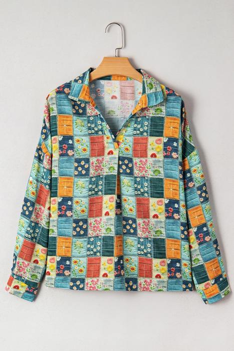 Spring Boho Bloom Print Roll Up Sleeve Blouse | S-XL