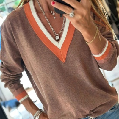 Contrast Striped Trim V Neck Varsity Light Sweater | S-XL