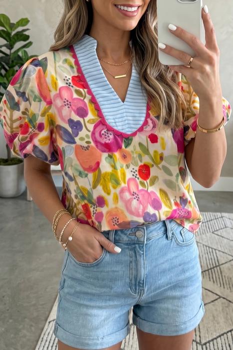 Printed Cotton Floral Puff Sleeve Blouse | S-XL