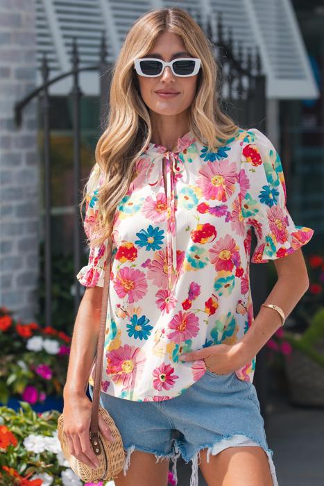 Floral Tie V-Neck Puff Sleeve Top | S-XL