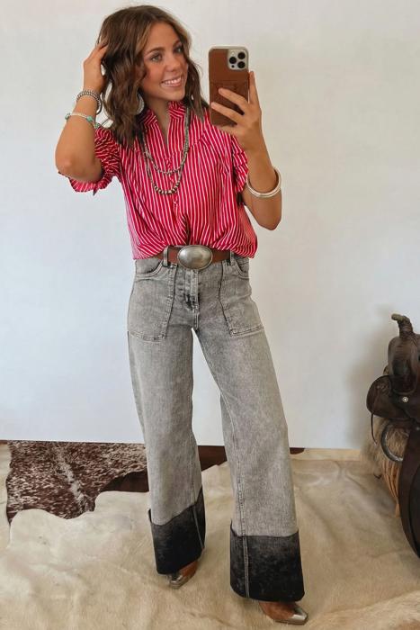 Short Puff Sleeve Stripe Ruffle Blouse | S-XL