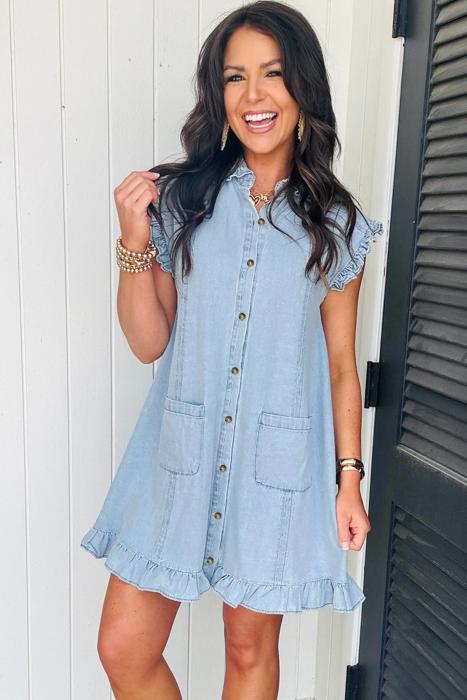 Classic Chic Ruffle Collar Denim Dress | S-XL