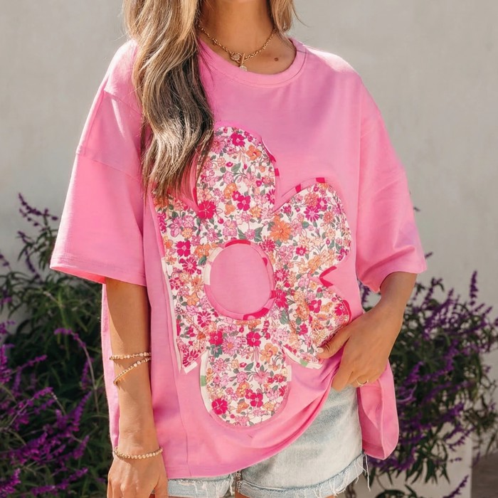 Bloom Patched Raw Seam Oversized Tee | S-XL