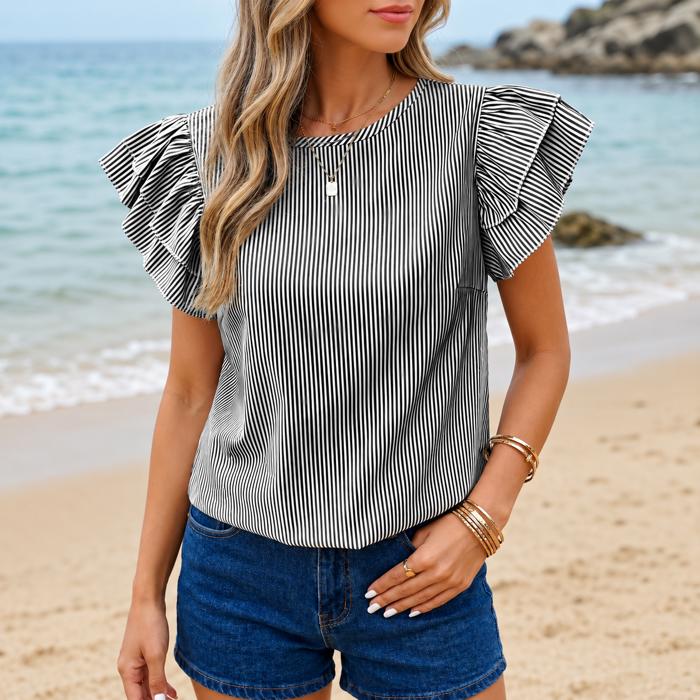 Ruffle Sleeve Stripe Round Neck Blouse | S-XL