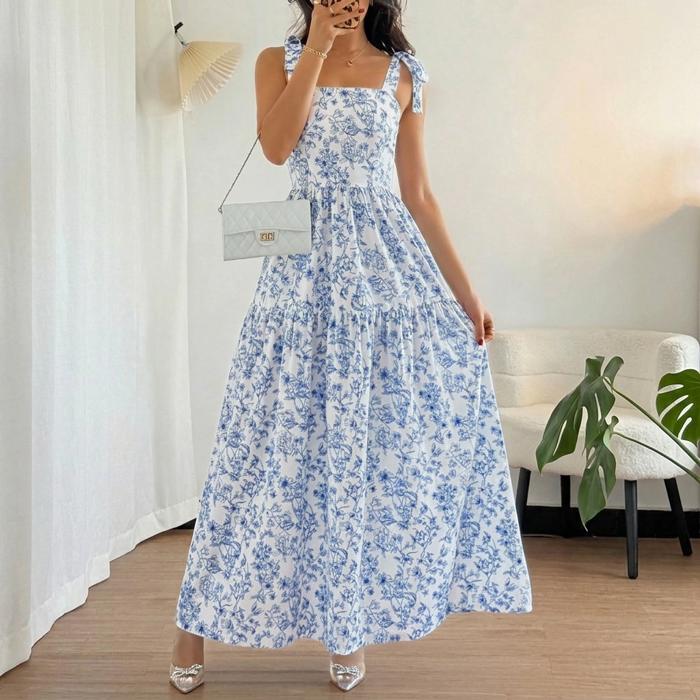 Floral Tie-Strap High Waist Maxi Dress | S-XL