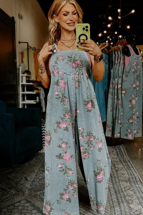 Pleated Floral High-Waist Wide-Leg Denim Jumpsuit | S-XL