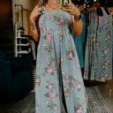  Pleated Floral High-Waist Wide-Leg Denim Jumpsuit | S-XL