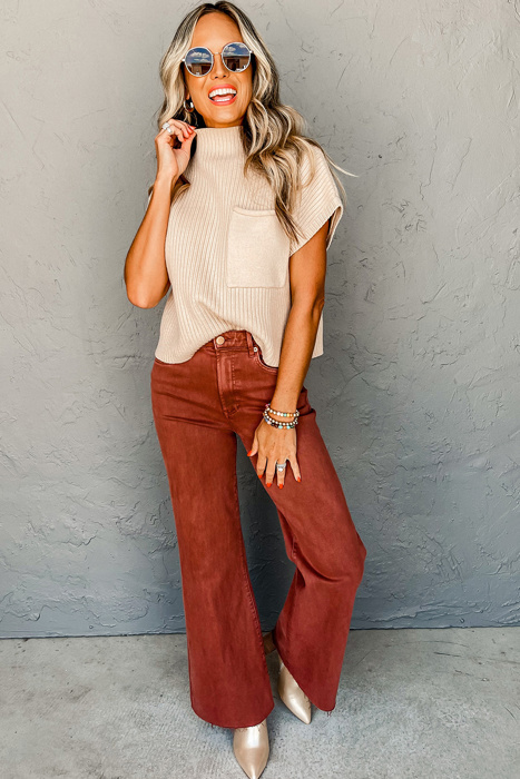Pocket Ribbed Knit Short Sleeve Sweater | S-XL