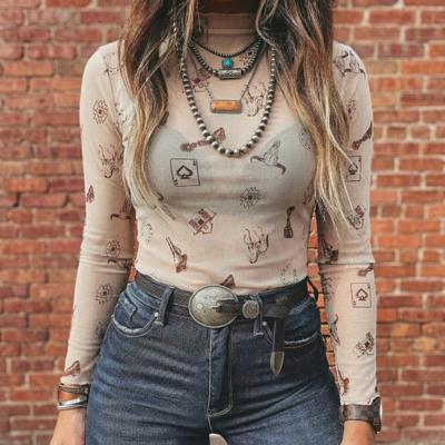 Slim Fit Mock Neck Western Graphic Mesh Top | S-XL