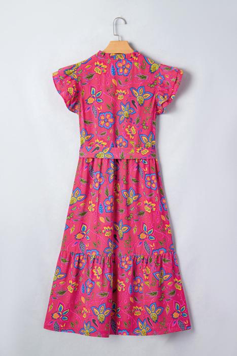 Belted Floral Flutter Sleeve Long Dress | S-XL