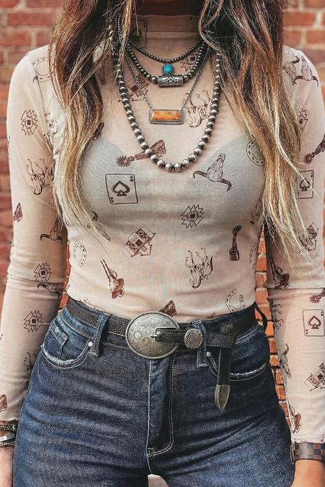 Slim Fit Mock Neck Western Graphic Mesh Top | S-XL