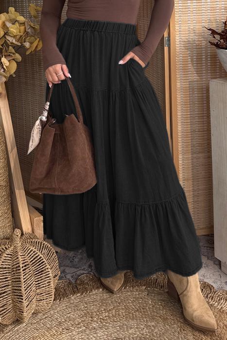 Ruffled Hem Tiered Denim Maxi Skirt | S-XL
