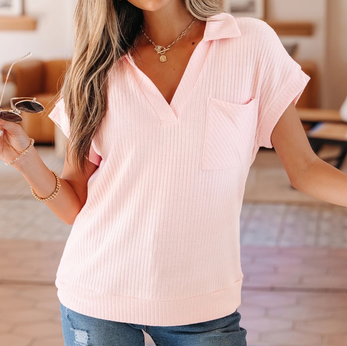 Sunny Day Collared Ribbed Pocket Top | S-XL