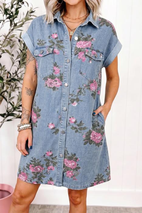 Floral Print Denim Button-Down Shift Dress | S-XL