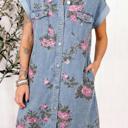  Floral Print Denim Button-Down Shift Dress | S-XL