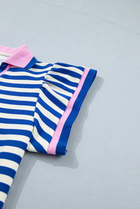 Preppy Stripe Polo Collar Ruffle Detail Top | S-XL