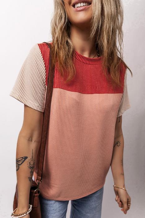 Rib Textured Colorblock Short Sleeve Top | S-XL