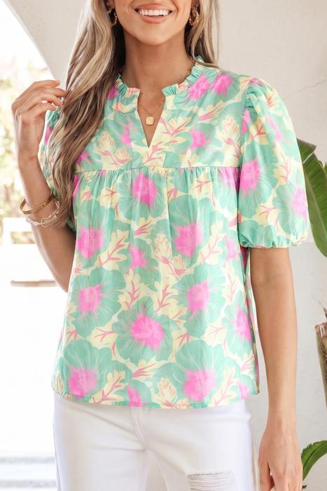 Floral Grace Bubble Sleeve Blouse | S-XL