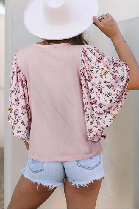 Contrast Floral Patchwork Flowy Half-Sleeve Blouse | S-XL