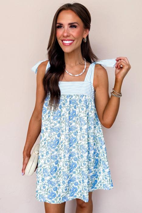 Floral Print Bow Strap Patchwork Mini Dress | S-XL