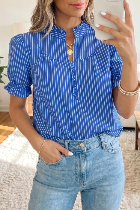 Short Puff Sleeve Stripe Ruffle Blouse | S-XL