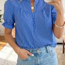  Short Puff Sleeve Stripe Ruffle Blouse | S-XL