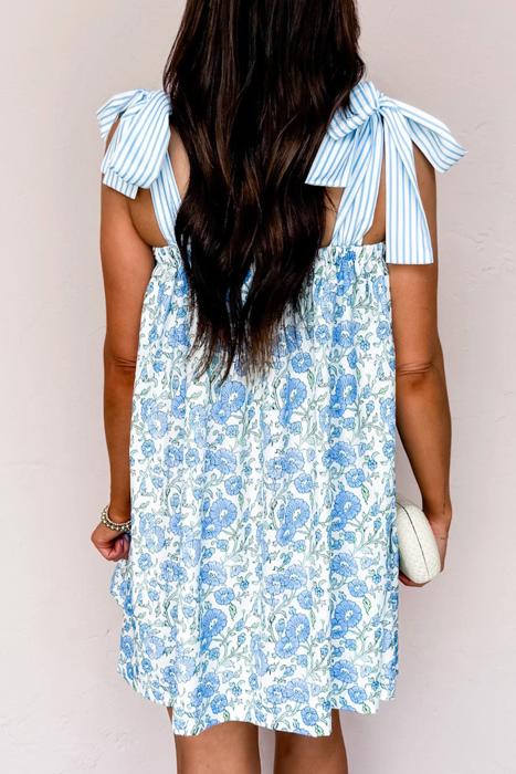 Floral Print Bow Strap Patchwork Mini Dress | S-XL