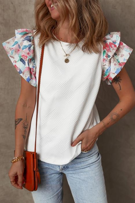 Textured Knit Abstract Print Tiered Sleeve Top | S-XL