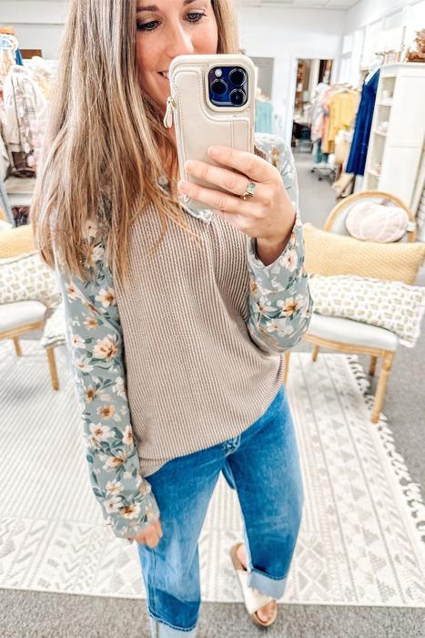 Ribbed Floral Contrast Long Sleeve Top | S-XL