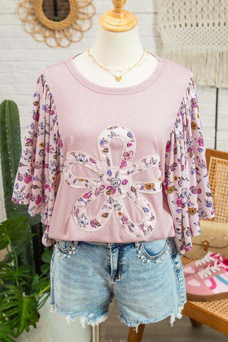 Contrast Floral Patchwork Flowy Half-Sleeve Blouse | S-XL