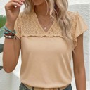 Medium Oatmeal Sheer Lace Split Neck Ruffle Blouse | S-XL