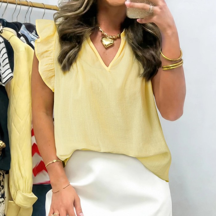 Ruffle Trim V-Neck Sleeveless Blouse | S-XL