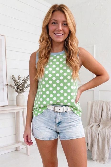 Round Neck Contrast Polka Dot Tank | S-XL