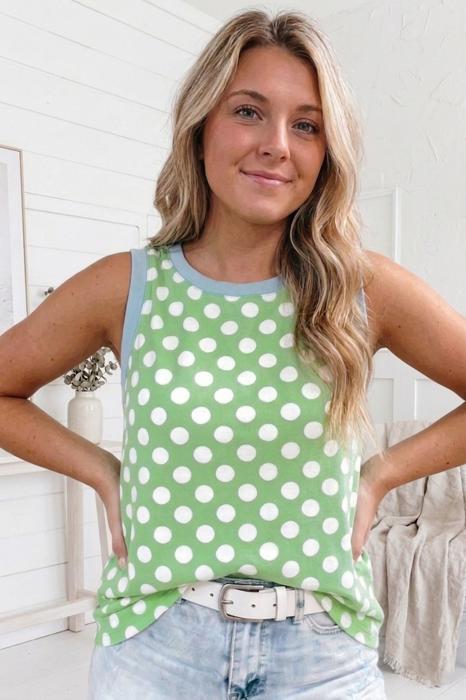 Round Neck Contrast Polka Dot Tank | S-XL
