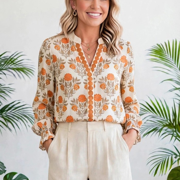 Floral Print V-Neck Long Sleeve Blouse | S-XL