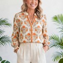  Floral Print V-Neck Long Sleeve Blouse | S-XL