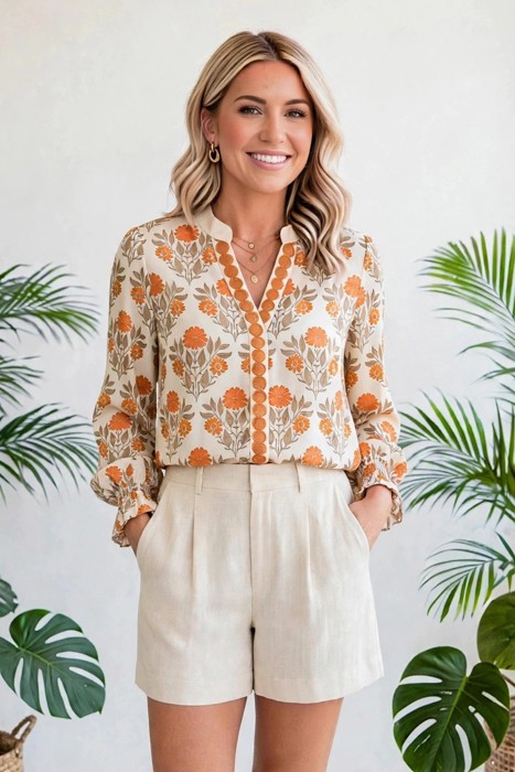 Floral Print V-Neck Long Sleeve Blouse | S-XL