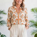  Floral Print V-Neck Long Sleeve Blouse | S-XL