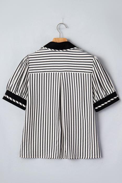 Classic Stripe Collared Bubble Sleeve Blouse | S-XL