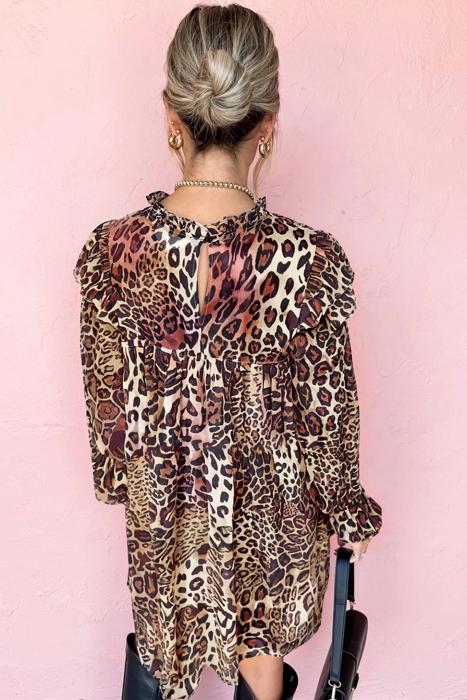 Leopard Print Ruffled Long Sleeve Mini Dress | S-XL