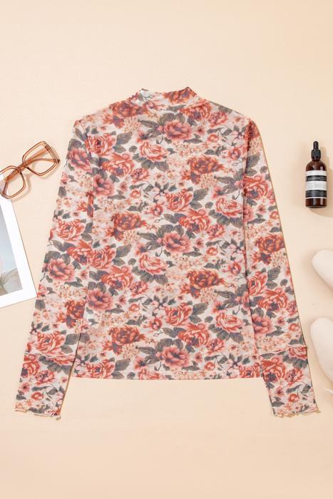 Floral Print Mesh Long Sleeve Top | S-XL