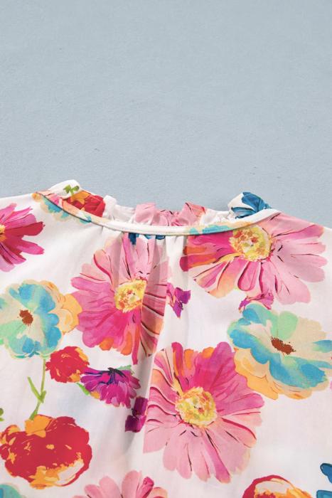 Floral Tie V-Neck Puff Sleeve Top | S-XL
