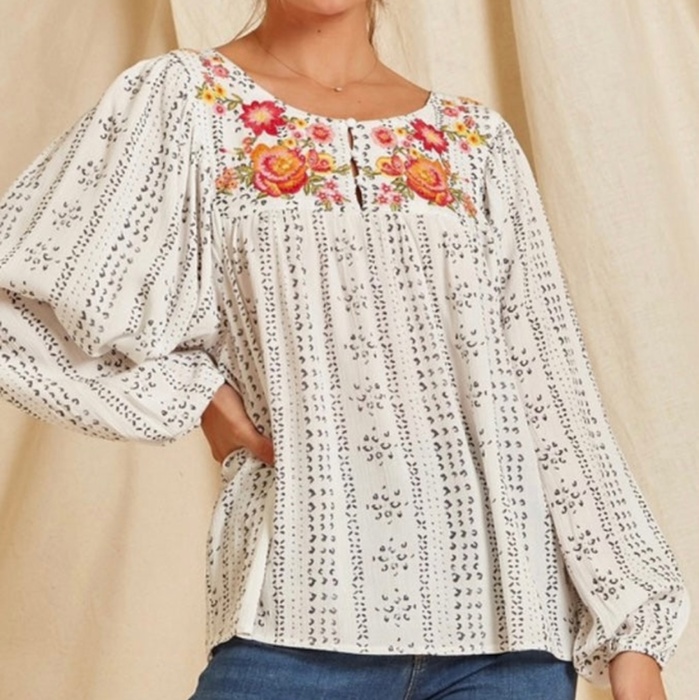 Embroidered Balloon Sleeve Blouse