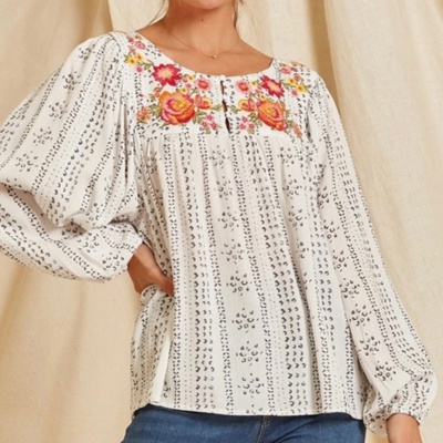 Embroidered Balloon Sleeve Blouse