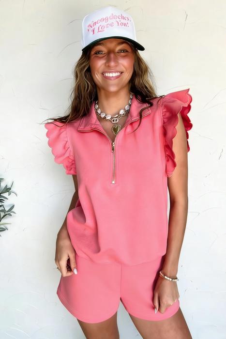 Ruffled Half Zipped Short Set | S-XL