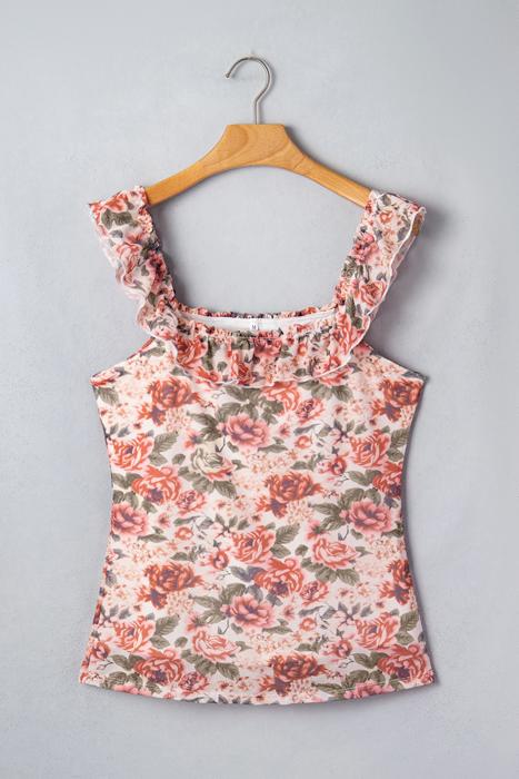 Retro Floral Square Neck Ruffle Trim Tank Top | S-XL