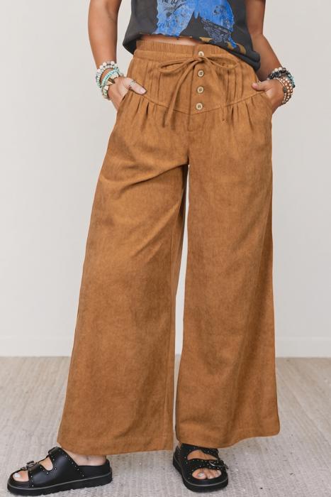 Button Front Elastic Waist Wide Leg Pants | S-XL