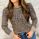  Ribbed Trim Leopard Print Long Sleeve Top | S-XL