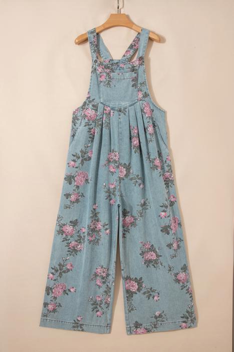 Pleated Floral High-Waist Wide-Leg Denim Jumpsuit | S-XL