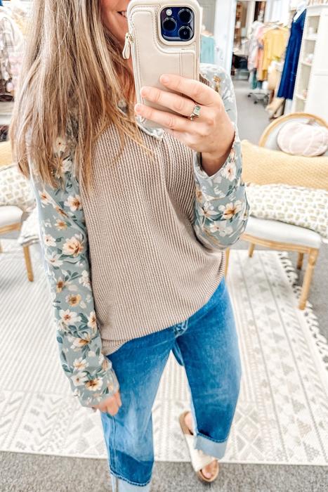 Ribbed Floral Contrast Long Sleeve Top | S-XL